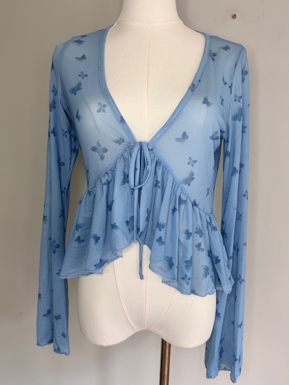 Y2K Babydoll Sheer Mesh Butterfly Bell Sleeve Ruffle Tie Top Fairy Coquette | XL - Picture 3 of 12